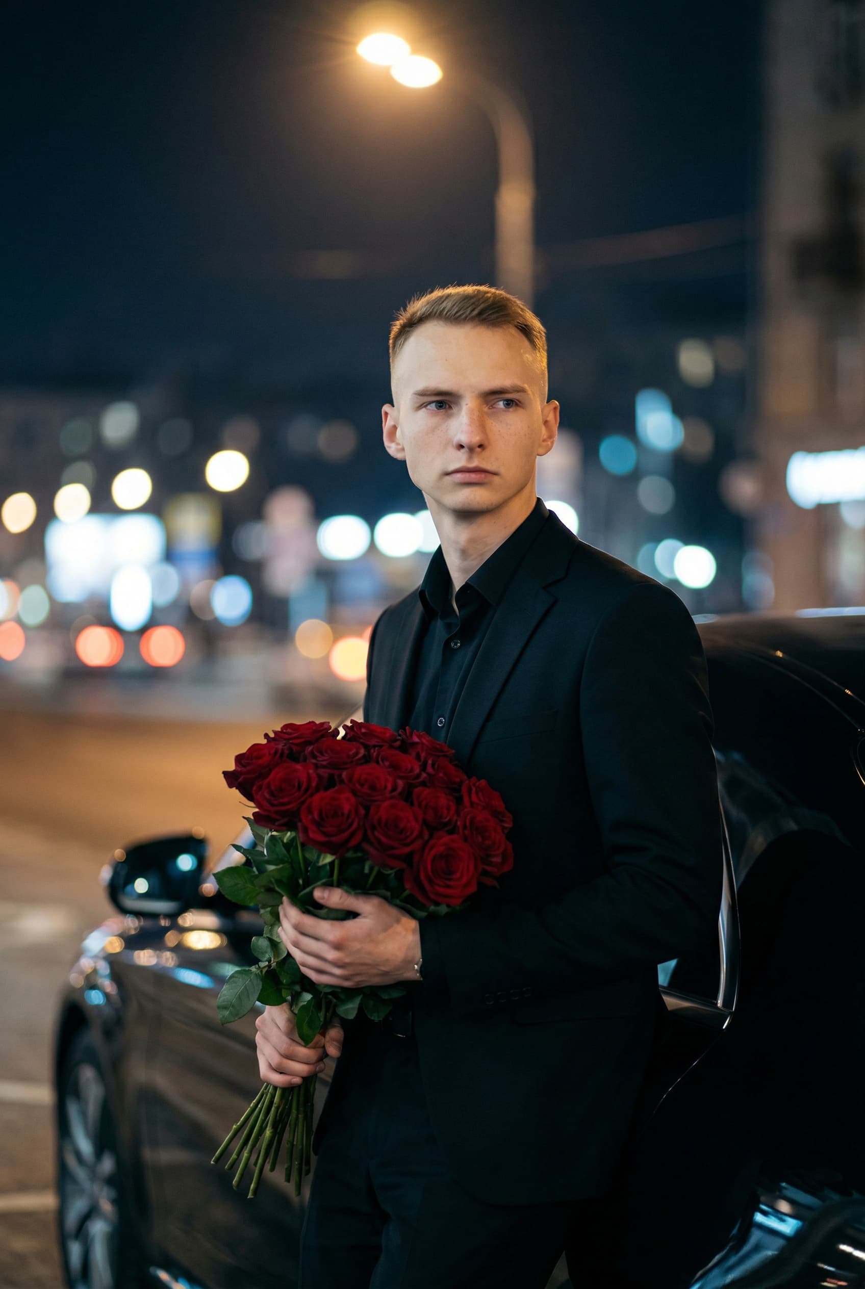 Возле машины с букетом